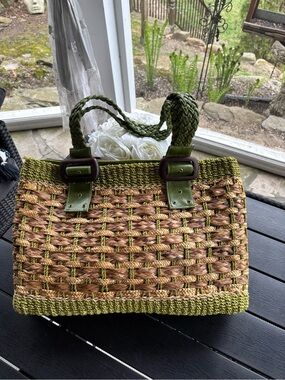 Woven Straw Tote Bag with Olive Trim